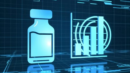 Vaccine Bottle Icon Animated on Grid Background With Bar Chart - Powered by Adobe