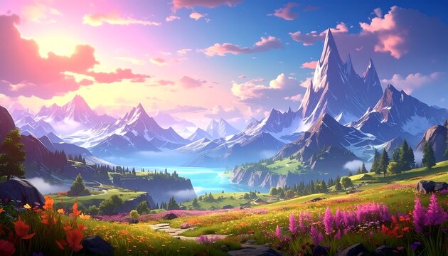 Scenic landscape with mountains, valley, lake, and colorful wildflowers