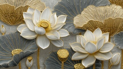 A detailed, ornate gold and white lotus flower mural with intricate designs on a textured gray background, featuring a golden lotus leaf and a golden bud, 