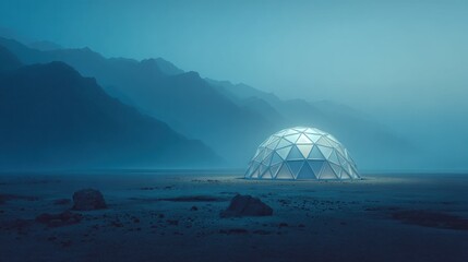 A futuristic dome structure with a geometric design, illuminated from within, stands on a barren landscape with mountains in the background. 