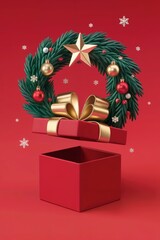 Christmas Surprise, Magic Concept: 3D of an Open Red Gift Box with Wreath, Lid Floating Above. Festive Holiday Marketing Template. Vertical Banner, Mobile Promotion. Celebration Background. Copy Space