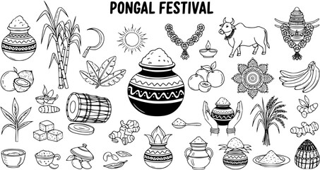Hand-drawn Pongal Festival Elements: Traditional Harvest Celebration Icons, including Sugarcane, Pots, Cow, Sun, Fruits, Rice, and Auspicious Symbols in Doodle Style.