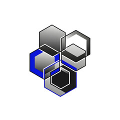 Obraz premium Three-dimensional hexagonal rings interlock in grayscale with blue edges, suspended in white space!!