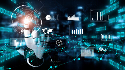 A robotic hand engages with digital interfaces, presenting data insights and visualizations in a futuristic setting, symbolizing advanced technology and AI applications. Xenic