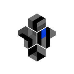 Obraz premium Geometric isometric cube cluster floats on white background; black-gray faces frame blue! highlight!