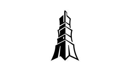 Fototapeta premium Monolithic black tower with stepped, angular tiers, and a sharp pointed apex on white. against white