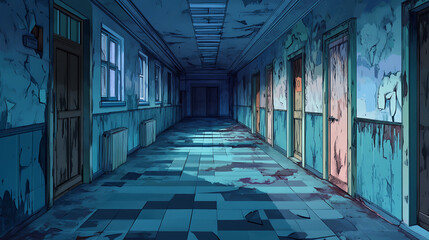 Dilapidated corridor interior with doors and peeling paint