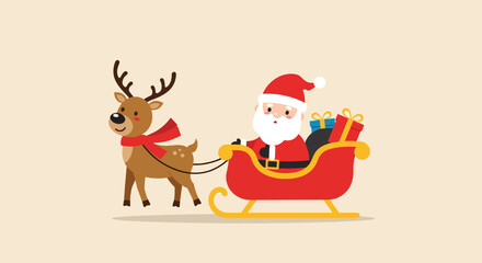 Santa Claus riding a reindeerpulled sleigh filled with gifts