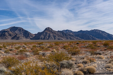 Funeral Mountains, a subrange of the Amargosa Range that form the eastern wall of Death Valley. California State Route 190.  Mojave Desert / Basin and Range Province.  Furnace Creek Fault, Walker Lane