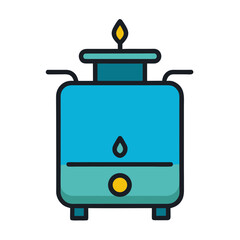 Stylized flat icon of a modern blue humidifier emitting a gentle mist and flame