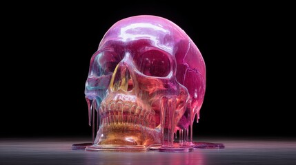 Dripping Skull Sculpture with Colorful Liquid Effect and Reflective Surface in Artistic Design