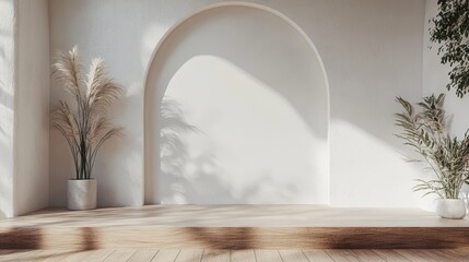 Minimal abstract interior background with white walls and wooden floor, offering a clean and versatile space for design or product presentations. This mockup is perfect for modern, Generative AI