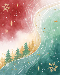 A modern watercolor illustration blending red and green hues in a festive abstract design. Flowing white curves, golden stars, pine trees, and snowflakes create a sense of motion and warmth.