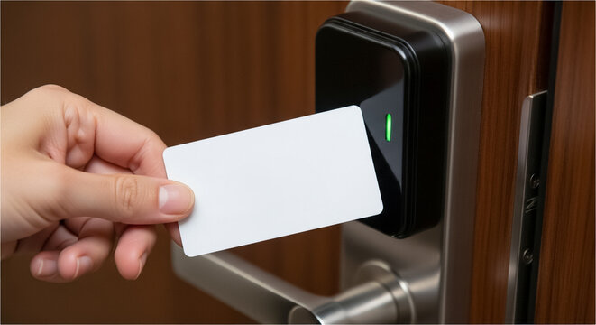 ビジネスホテル・ホテルのドアをカードキーで解錠・施錠する手元