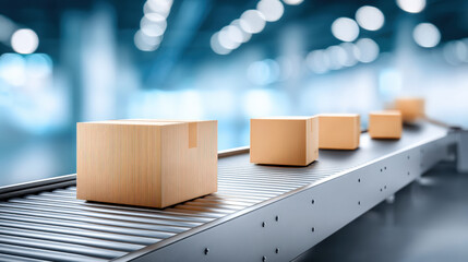 Cardboard box on conveyor belt in modern warehouse with soft bokeh lighting conveying efficient logistics and movement