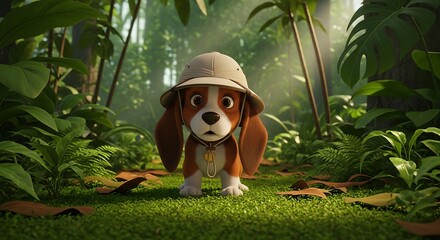 Adventurous Beagle Puppy Exploring Lush Jungle in Safari Outfit.