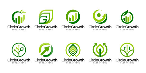 Fototapeta premium Set of abstract green circle with leaf logo design. Arrow shapes representing growth, sustainability, and eco-friendly business.