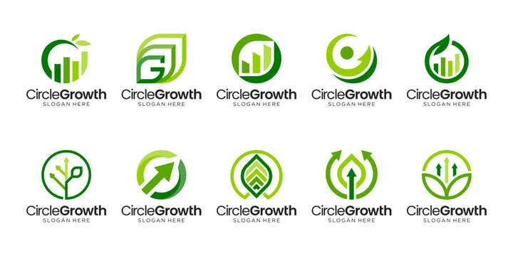 Set of abstract green circle with leaf logo design. Arrow shapes representing growth, sustainability, and eco-friendly business.