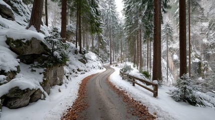 Winding Dirt Road Through a Snow-Covered Forest With Pine Trees and Rocks in Winter Season