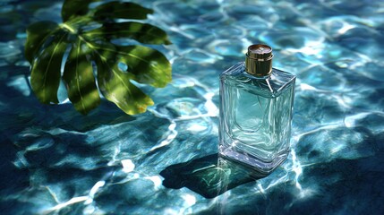 Elegant perfume bottle resting in tranquil blue water.
