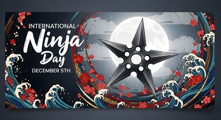 International ninja day illustration featuring a shuriken, moon, waves, and cherry blossoms