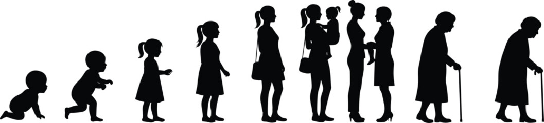 Human life stages silhouette, baby to elderly woman evolution, growing up female aging process, childhood to old age vector, family generation concept illustration.