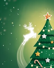  Merry Christmas, Happy New Year Design: flat style of a Decorated Tree with a Glittering Reindeer Silhouette Flying Across a Green Background. Festive Holiday Marketing Template. Copy Space