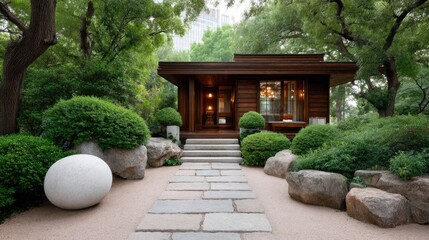 Fototapeta premium Tranquil East Asian Pavilion Nestled Amongst Lush Greenery and Natural Stone Elements Illuminated by Warm Interior Light on a Cloudy Day