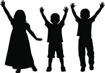 Happy children silhouette jumping, kids with raised hands vector, joyful childhood concept, isolated black outline illustration, playful energy, happiness, freedom art