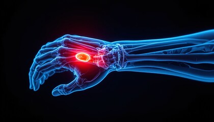 Experience hand pain relief with innovative medical technology solutions, showcasing wrist anatomy with glowing detail for health awareness campaigns