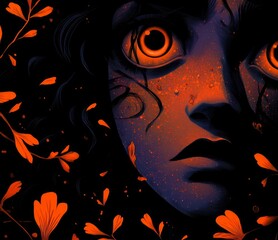 Intense Gaze in the Shadows: A person's face emerges from the darkness, their eyes ablaze with a fiery intensity, as if peering into the depths of thought.