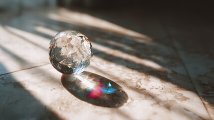 A clear, faceted glass sphere with a shadow cast on a tiled floor.