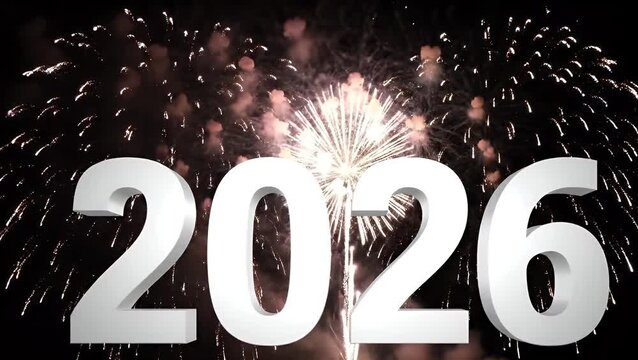 A festive New Year's Eve celebration for the year 2026 with large white numbers and exploding fireworks in the night sky