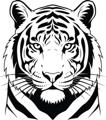 Majestic tiger head vector illustration, black and white wild animal design, powerful predator artwork, detailed feline face suitable for logo and tattoo
