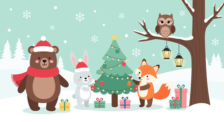 Cute cartoon animals celebrating Christmas bear rabbit fox and owl with a decorated tree and gifts vector illustration for holiday designs