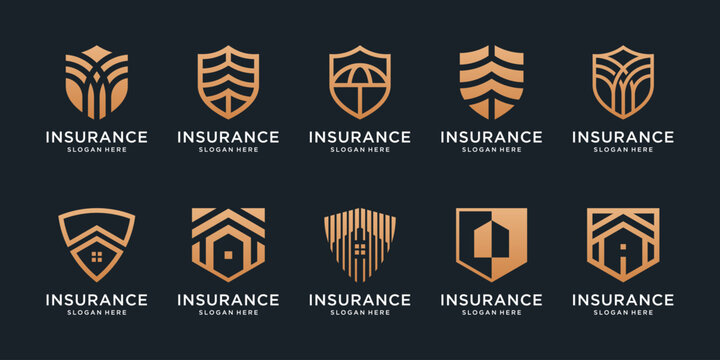 Set of golden shield for guard safety strong secure protect insurance logo design inspiration.