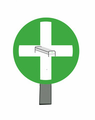 green road signa white cross in a green circle with a mattress in the middle