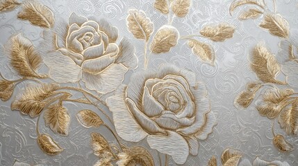 A detailed, ornate wallpaper with intricate floral patterns and gold accents, featuring roses and leaves on a silver background.