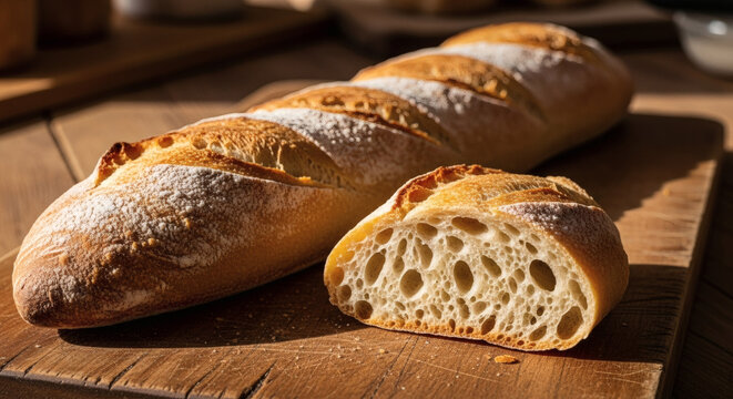 A rustic artisan baguette placed diagonally on a wooden cutting board