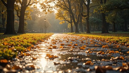 Enchanting autumn rain soaks golden leaves on park path, creating serene ambiance perfect for seasonal promotions and reflective campaigns