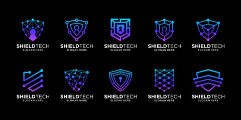 Set of shield with data connection for digital technology symbol logo design vector.