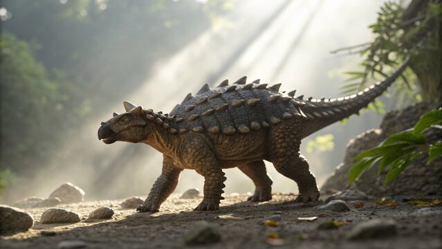 Close Up of Ankylosaurus Dinosaur With Armored Back and Spiked Tail in Jungle