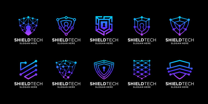 Set of shield with data connection for digital technology symbol logo design vector.