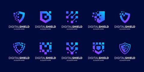 Set of futuristic shield data security logo design template. Abstract symbol network digital connection usable for business technology.