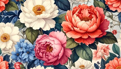 A seamless floral pattern with vibrant peonies and lush green leaves