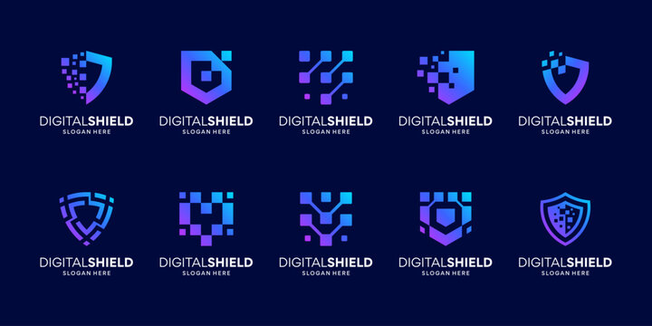 Set of futuristic shield data security logo design template. Abstract symbol network digital connection usable for business technology.