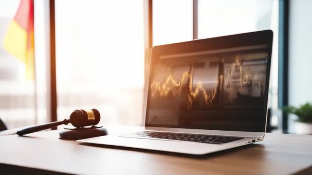 Law and Technology: A gavel rests beside an open laptop, displaying financial data. This scene encapsulates the intersection of law, finance, and technology.