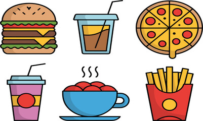 Fast Food Icon Set Vector - Pizza Burger Drink French Fries Flat Style