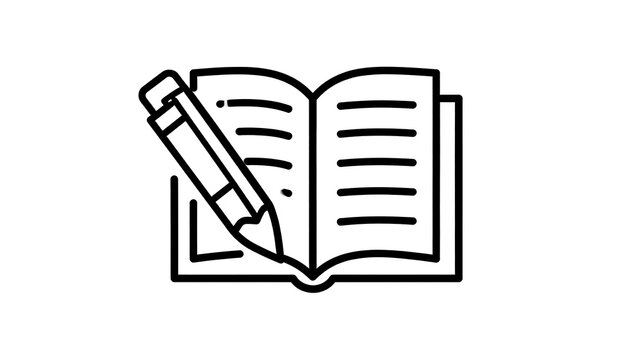 Simple black and white line art of a book with a pencil