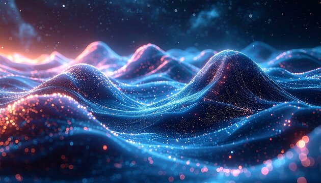 Abstract digital art depicting glowing undulating waves and cosmic background - Powered by Adobe